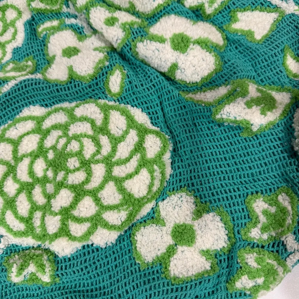 Urban Outfitters Floral Teal Blue Green Tufted Market Slouch Mesh Beach Tote Bag - Picture 3 of 6